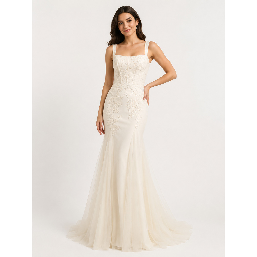 David's Bridal Wedding Dress Tulle Lace Applique Corset Mermaid DressSize 14 NWT